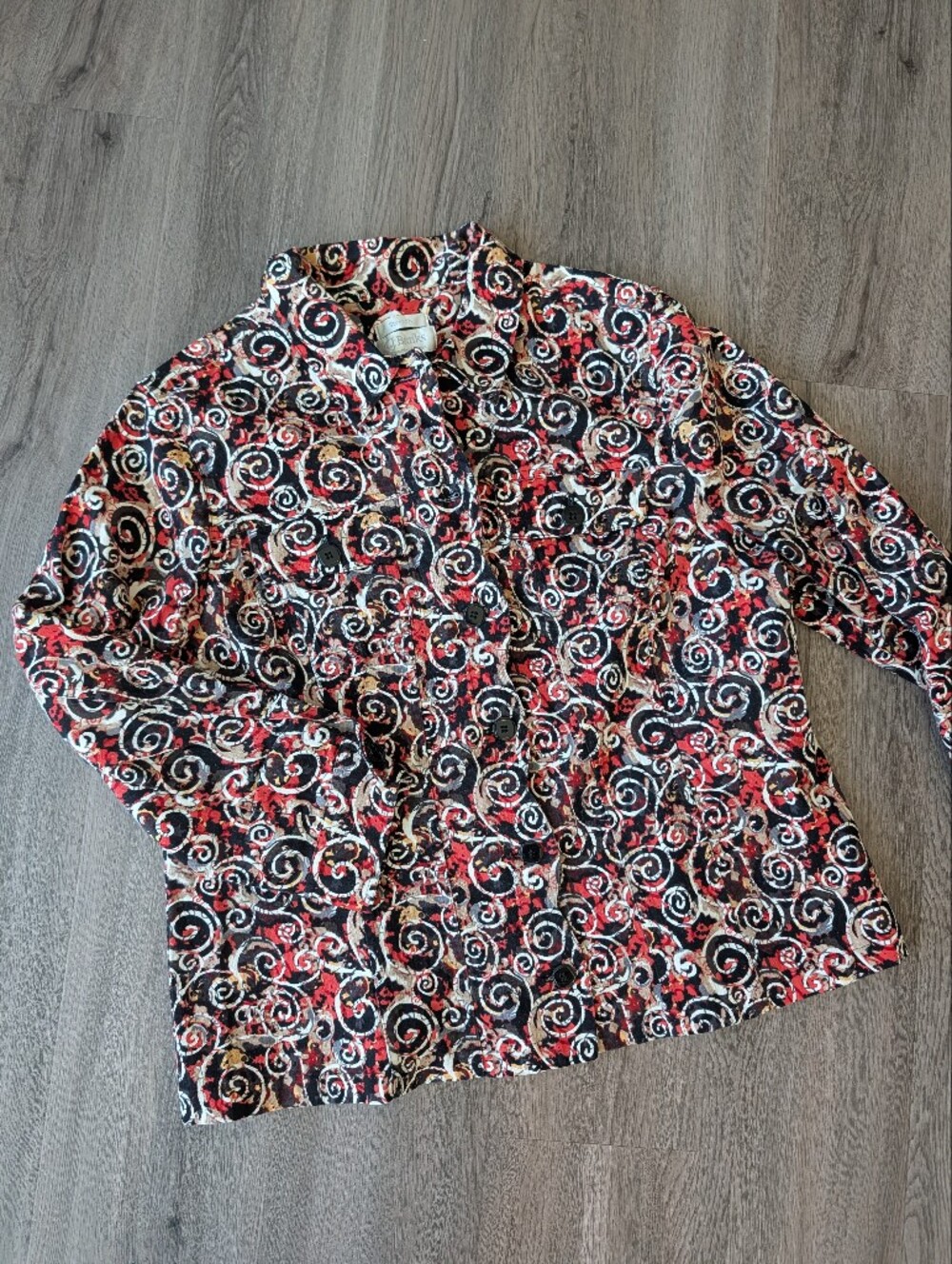 CJ Banks Black, Red & White Swirl Print Button-Down Stretch Jean Jacket